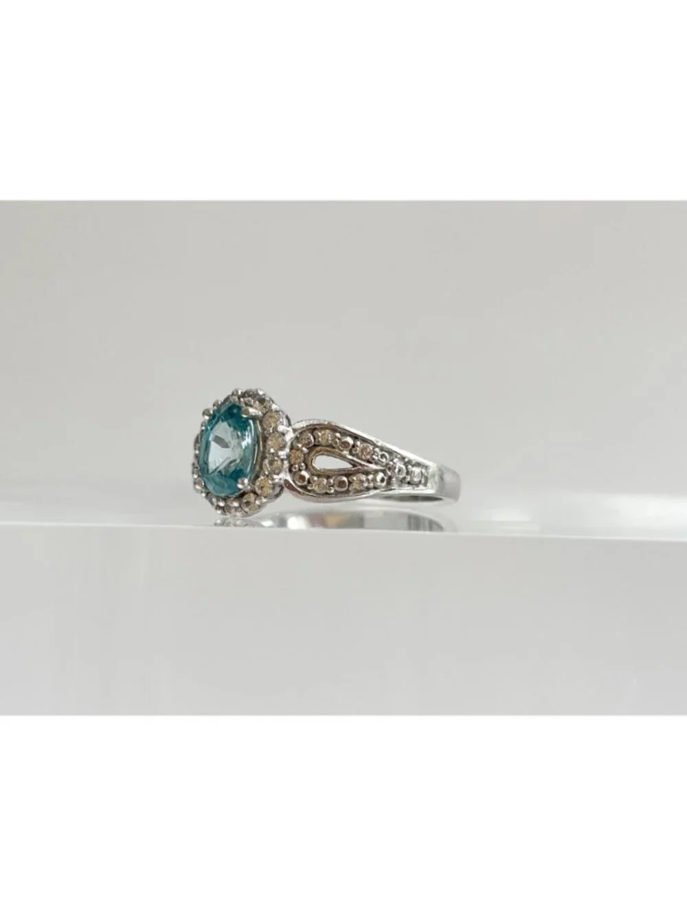 Blue Topaz Halo Style Multi Gemstone Sterling Silver 925 Vintage Ring - sz 8